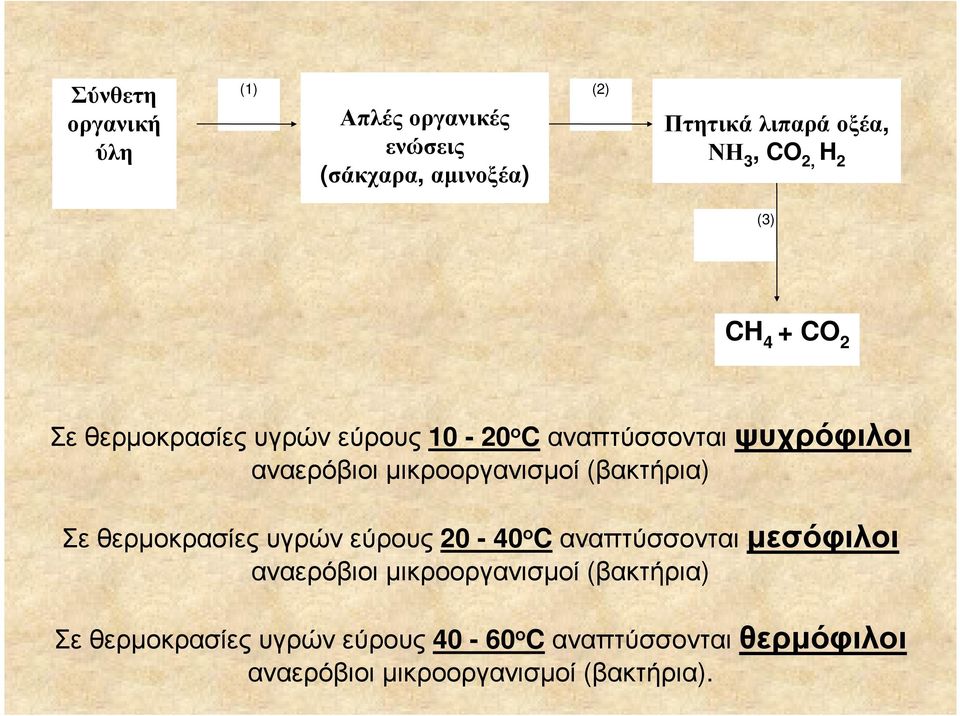 µικροοργανισµοί (βακτήρια) Σεθερµοκρασίεςυγρώνεύρους 20-40 ο Cαναπτύσσονταιµεσόφιλοι αναερόβιοι