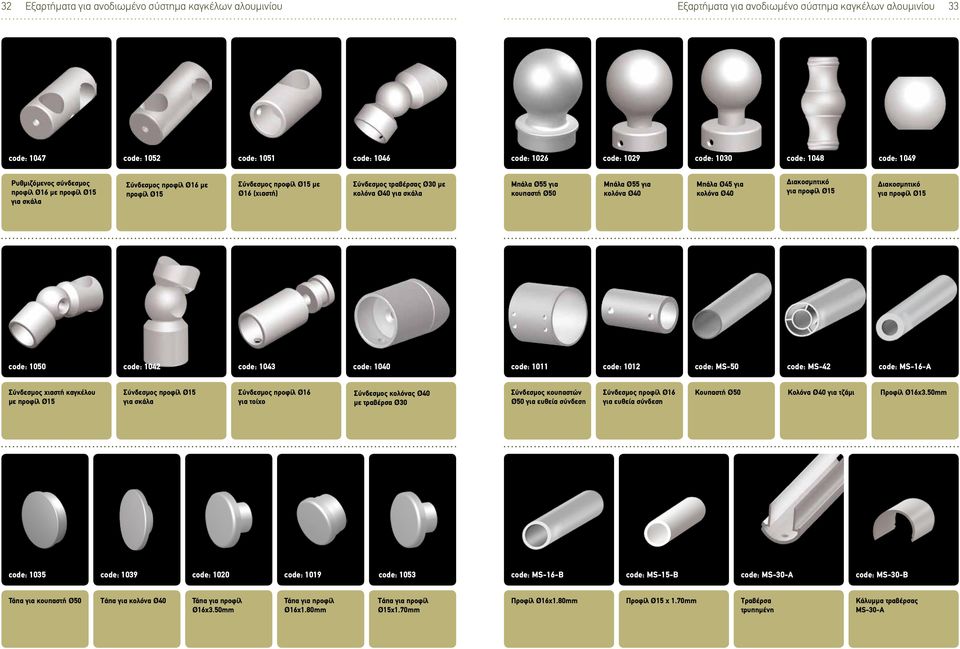 Ø55 για κουπαστή Ø50 Μπάλα Ø55 για κολόνα Ø40 Μπάλα Ø45 για κολόνα Ø40 Διακοσμητικό για προφίλ Ø15 Διακοσμητικό για προφίλ Ø15 code: 1050 code: 1042 code: 1043 code: 1040 code: 1011 code: 1012 code: