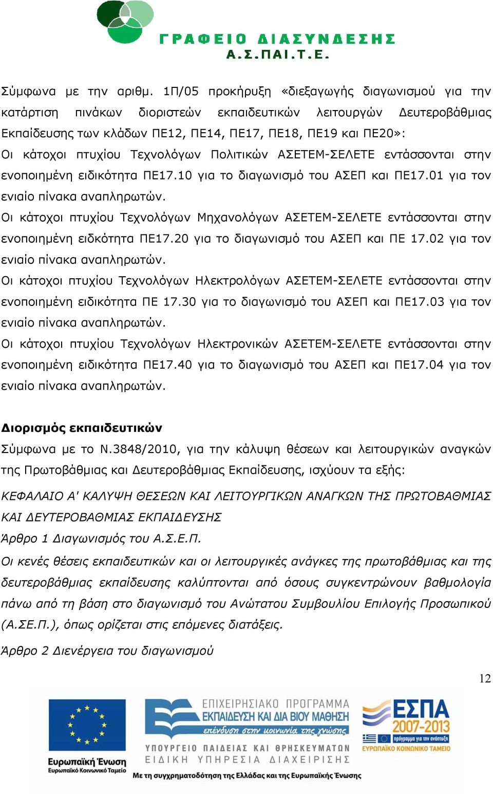 Τεχνολόγων Πολιτικών ΑΣΕΤΕΜ-ΣΕΛΕΤΕ εντάσσονται στην ενοποιημένη ειδικότητα ΠΕ17.10 για το διαγωνισμό του ΑΣΕΠ και ΠΕ17.01 για τον ενιαίο πίνακα αναπληρωτών.