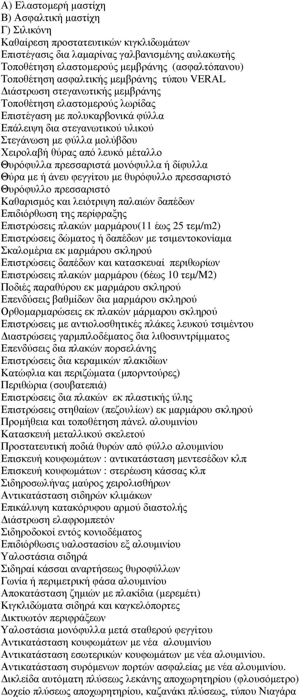 µολύβδου Χειρολαβή θύρας από λευκό µέταλλο Θυρόφυλλα πρεσσαριστά µονόφυλλα ή δίφυλλα Θύρα µε ή άνευ φεγγίτου µε θυρόφυλλο πρεσσαριστό Θυρόφυλλο πρεσσαριστό Καθαρισµός και λειότριψη παλαιών δαπέδων