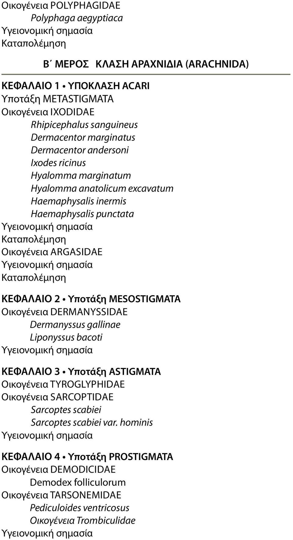 ΚΕΦΑΛΑΙΟ 2 Υποτάξη mesostigmata Οικογένεια dermanyssidae Dermanyssus gallinae Liponyssus bacoti ΚΕΦΑΛΑΙΟ 3 Υποτάξη ASTIgmATA Οικογένεια tyroglyphidae Οικογένεια sarcoptidae