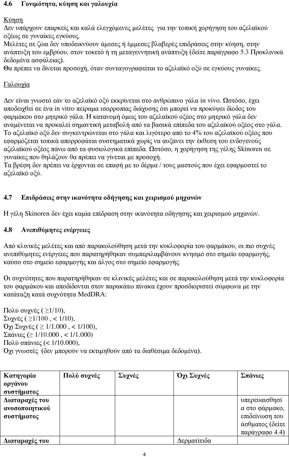 Θα πρέπει να δίνεται προσοχή, όταν συνταγογραφείται το αζελαϊκό οξύ σε εγκύους γυναίκες. Γαλουχία Δεν είναι γνωστό εάν το αζελαϊκό οξύ εκκρίνεται στο ανθρώπινο γάλα in vivo.