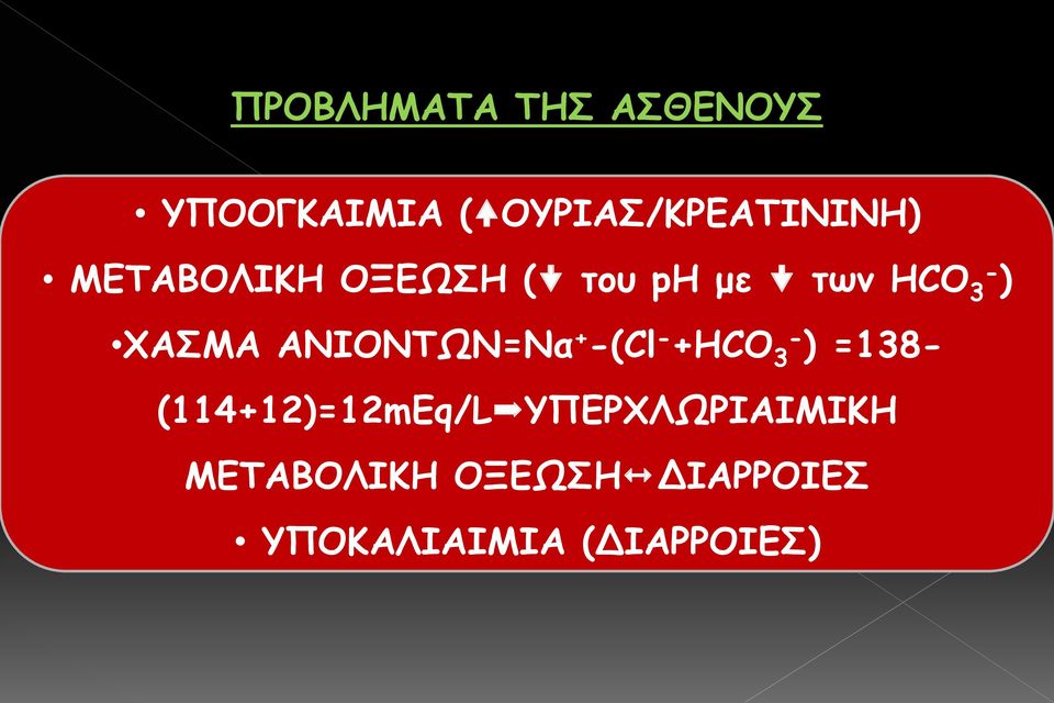 ΑΝΙΟΝΤΩΝ=Να + -(Cl - +HCO 3- ) =138- (114+12)=12mEq/L