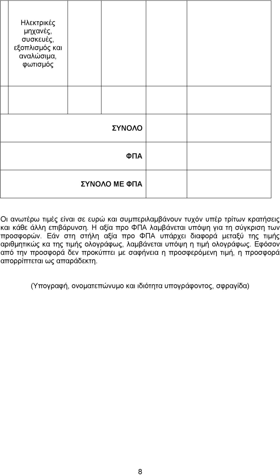 Εάν στη στήλη αξία προ ΦΠΑ υπάρχει διαφορά μεταξύ της τιμής αριθμητικώς κα της τιμής ολογράφως, λαμβάνεται υπόψη η τιμή ολογράφως.