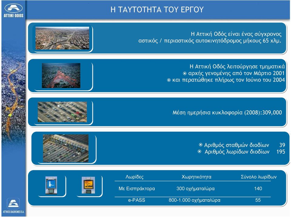 Ιούνιο του 2004 Μέση ημερήσια κυκλοφορία (2008):309,000 Αριθμός σταθμών διοδίων 39 Αριθμός λωρίδων