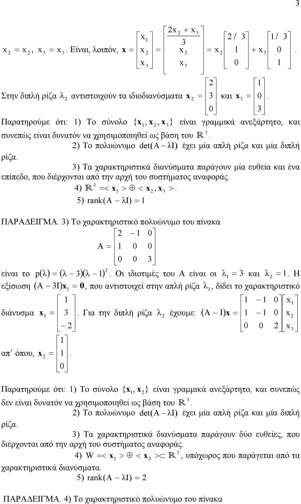 του πίνκ A είνι το p( ) ( )( ) Οι ιδιοτιμές του Α είνι οι κι Η εξίσωση ( I), που ντιστοιχεί στην πή ρίζ, δίδει το χρκτηριστικό A διάνυσμ Γι την διπή ρίζ έχουμε: ( A I) π όπου, Πρτηρούμε ότι: ) Το