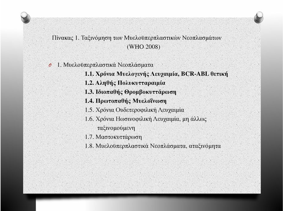 Αληθής Πολυκυτταραιµία 1.3. Ιδιοπαθής Θροµβοκυττάρωση 1.4. Πρωτοπαθής Μυελοΐνωση 1.5.