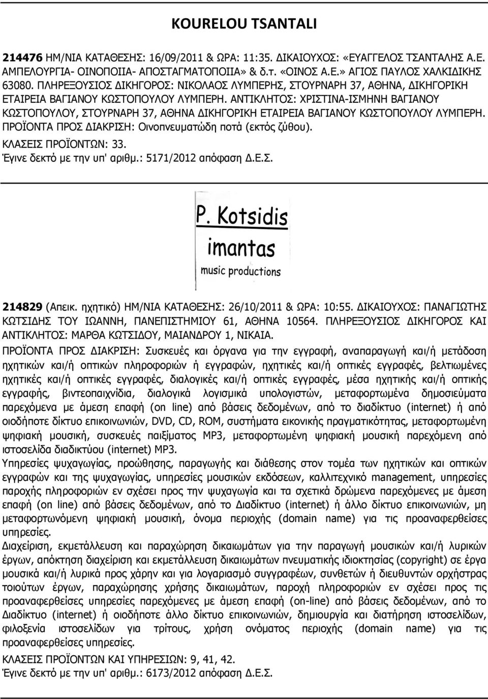 ΑΝΤΙΚΛΗΤΟΣ: ΧΡΙΣΤΙΝΑ-ΙΣΜΗΝΗ ΒΑΓΙΑΝΟΥ ΚΩΣΤΟΠΟΥΛΟΥ, ΣΤΟΥΡΝΑΡΗ 37, ΑΘΗΝΑ ΙΚΗΓΟΡΙΚΗ ΕΤΑΙΡΕΙΑ ΒΑΓΙΑΝΟΥ ΚΩΣΤΟΠΟΥΛΟΥ ΛΥΜΠΕΡΗ. ΠΡΟΪΟΝΤΑ ΠΡΟΣ ΙΑΚΡΙΣΗ: Οινοπνευµατώδη ποτά (εκτός ζύθου). ΚΛΑΣΕΙΣ ΠΡΟΪΟΝΤΩΝ: 33.