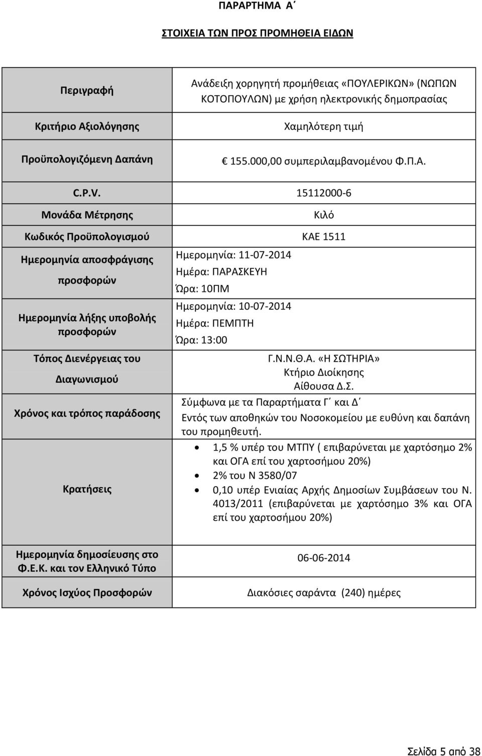15112000-6 Μονάδα Μέτρησης Κιλό Κωδικός Προϋπολογισμού ΚΑΕ 1511 Ημερομηνία αποσφράγισης προσφορών Ημερομηνία λήξης υποβολής προσφορών Τόπος Διενέργειας του Διαγωνισμού Χρόνος και τρόπος παράδοσης