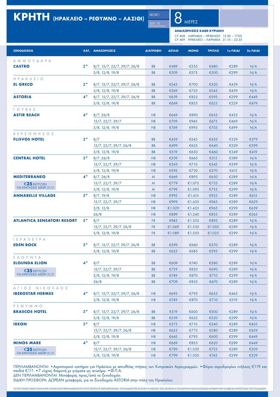 509 575 500 299 N/A Ηράκλειο EL GRECO 2* 8/7, 15/7, 22/7, 29/7, 26/8 ΒΒ 545 700 520 439 N/A 5/8, 12/8, 19/8 BB 569 725 545 459 N/A ASTORIA 4* 8/7, 15/7, 22/7, 29/7, 26/8 ΒΒ 639 825 595 299 449 5/8,