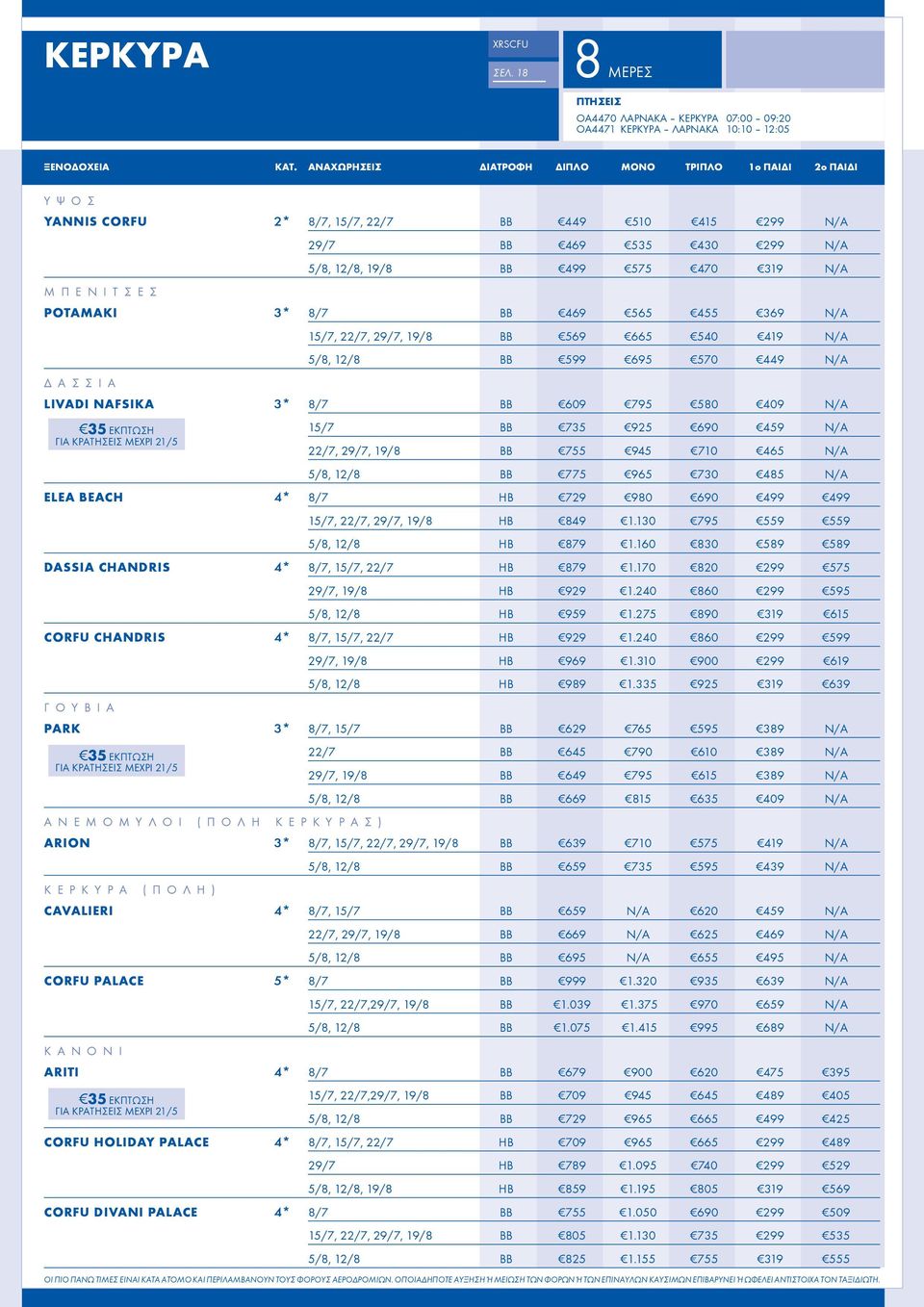 12/8, 19/8 BB 499 575 470 319 N/A POTAMAKI 3* 8/7 BB 469 565 455 369 N/A ΔΑΣΣΙΑ 15/7, 22/7, 29/7, 19/8 BB 569 665 540 419 N/A 5/8, 12/8 BB 599 695 570 449 N/A LIVADI NAFSIKA 3* 8/7 BB 609 795 580 409