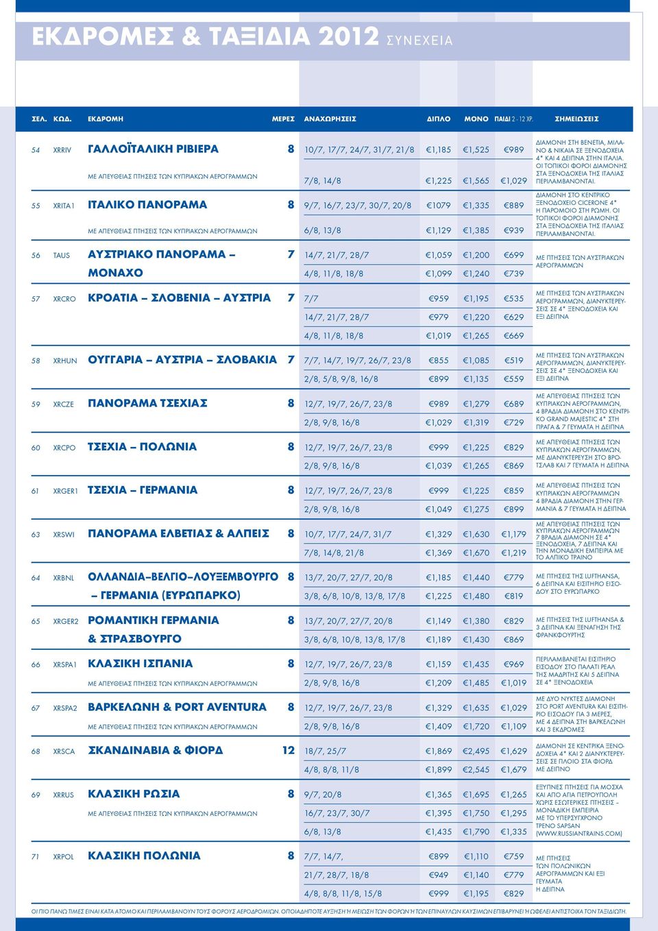 16/7, 23/7, 30/7, 20/8 1079 1,335 889 Με απευθείας πτήσεις των Κυπριακών Αερογραμμών 6/8, 13/8 1,129 1,385 939 Διαμονή στη Βενετία, Μιλάνο & Νίκαια σε ξενοδοχεία 4* και 4 δείπνα στην Ιταλία.