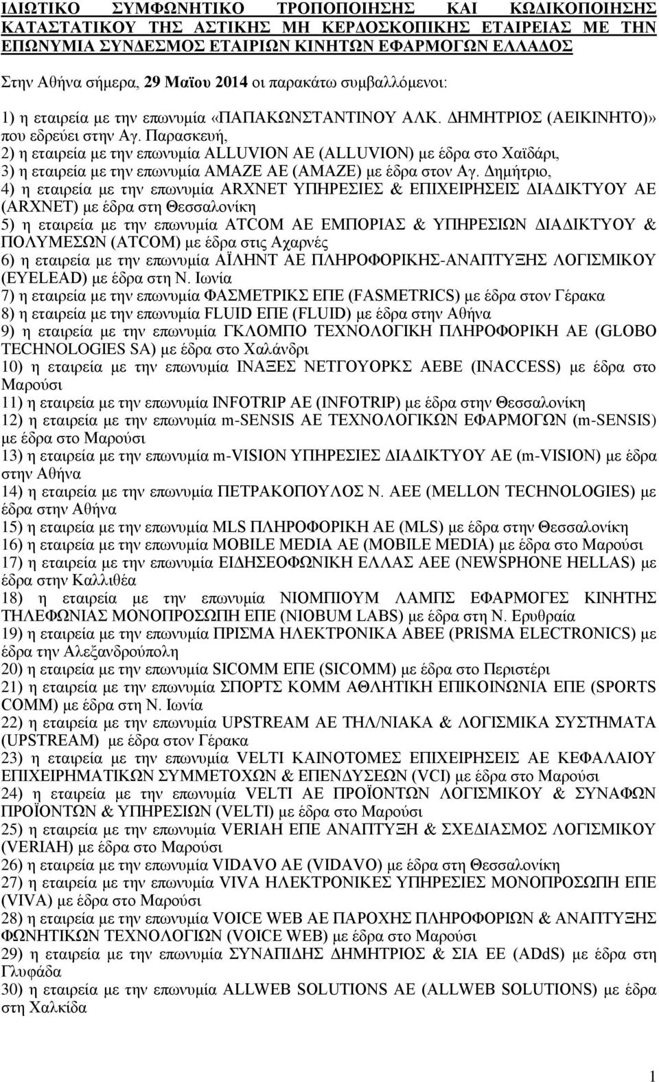 Παρασκευή, 2) η εταιρεία με την επωνυμία ALLUVION AE (ALLUVION) με έδρα στο Χαϊδάρι, 3) η εταιρεία με την επωνυμία AMAZE AE (AMAZE) με έδρα στον Αγ.