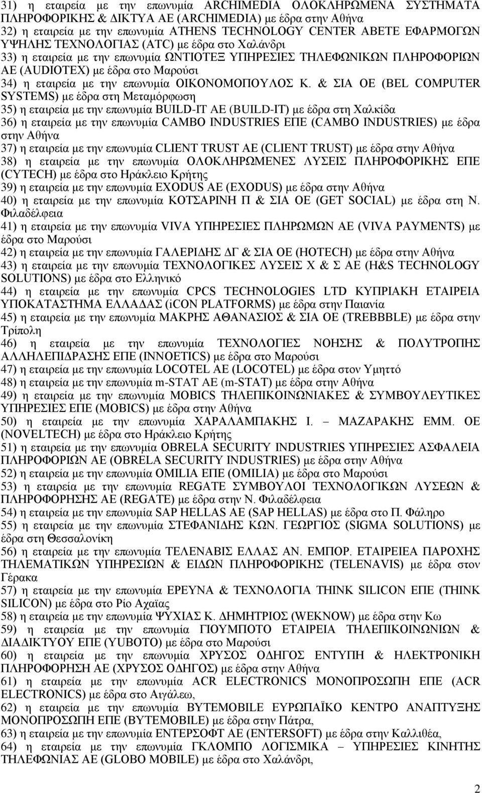 Κ. & ΣΙΑ ΟΕ (BEL COMPUTER SYSTEMS) με έδρα στη Μεταμόρφωση 35) η εταιρεία με την επωνυμία BUILD-IT AE (BUILD-IT) με έδρα στη Χαλκίδα 36) η εταιρεία με την επωνυμία CAMBO INDUSTRIES ΕΠΕ (CAMBO