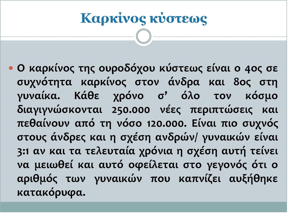 000. Είναι πιο συχνός στους άνδρες και η σχέση ανδρών/ γυναικών είναι 3:1 αν και τα τελευταία χρόνια η σχέση