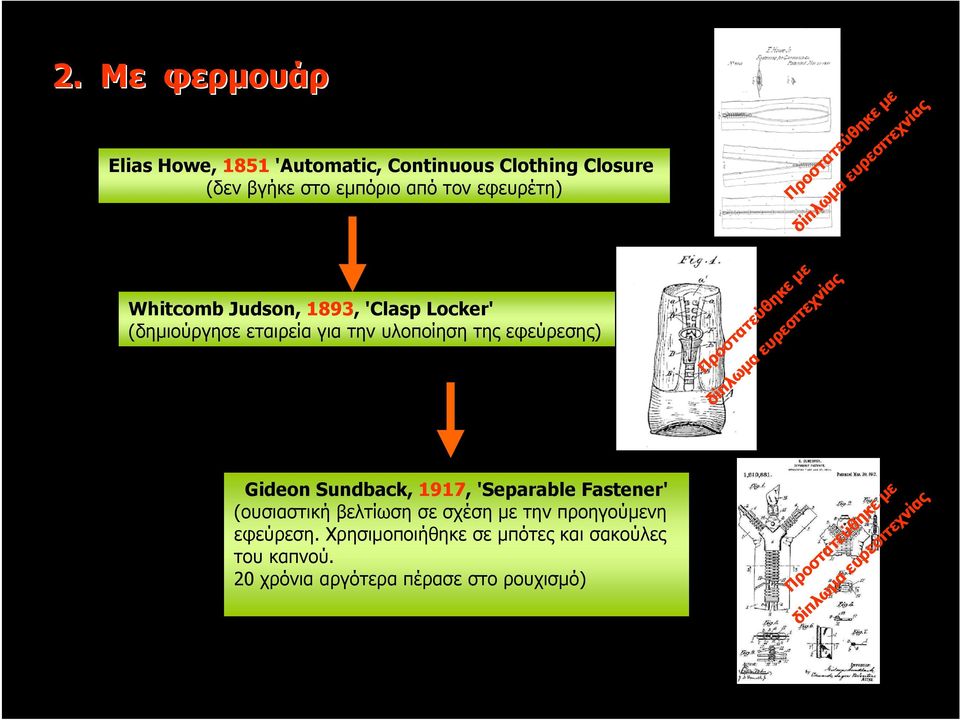 Προστατεύθηκε µε δίπλωµα ευρεσιτεχνίας Gideon Sundback, 1917, 'Separable Fastener' (ουσιαστική βελτίωση σε σχέση µε την