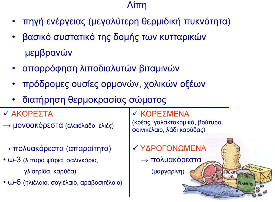 (ελαιόλαδο, ελιές) πολυακόρεστα (απαραίτητα) ω-3 (λιπαρά ψάρια, σαλιγκάρια, γλιστρίδα, καρύδα) ΚΟΡΕΣΜΕΝΑ (κρέας,