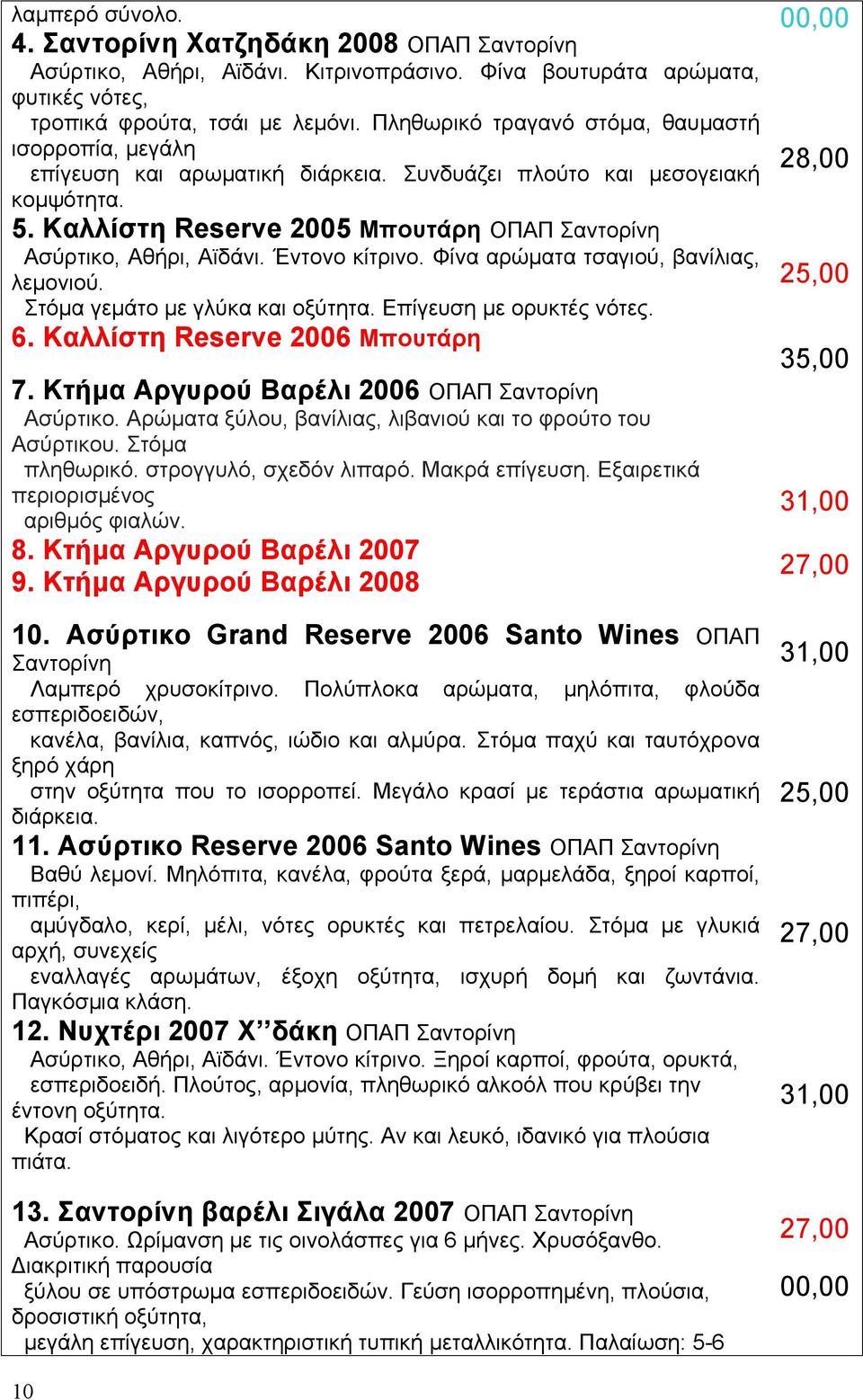 Καλλίστη Reserve 2005 Μπουτάρη ΟΠΑΠ Σαντορίνη Ασύρτικο, Αθήρι, Αϊδάνι. Έντονο κίτρινο. Φίνα αρώµατα τσαγιού, βανίλιας, λεµονιού. Στόµα γεµάτο µε γλύκα και οξύτητα. Επίγευση µε ορυκτές νότες. 6.