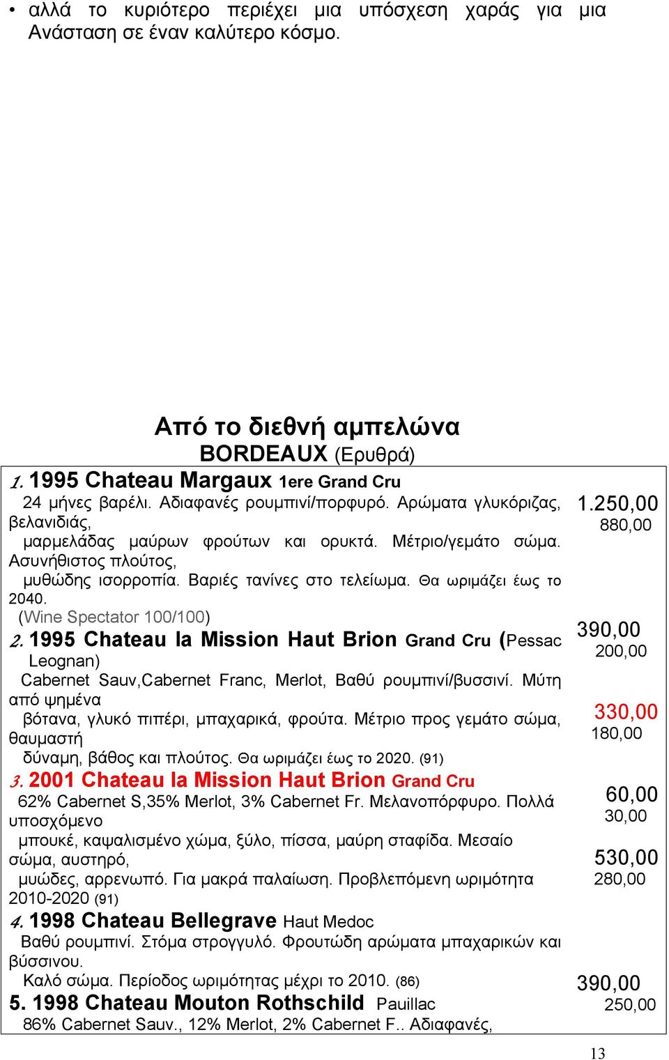 Θα ωριµάζει έως το 2040. (Wine Spectator 100/100) 2. 1995 Chateau la Mission Haut Brion Grand Cru (Pessac Leognan) Cabernet Sauv,Cabernet Franc, Merlot, Βαθύ ρουµπινί/βυσσινί.
