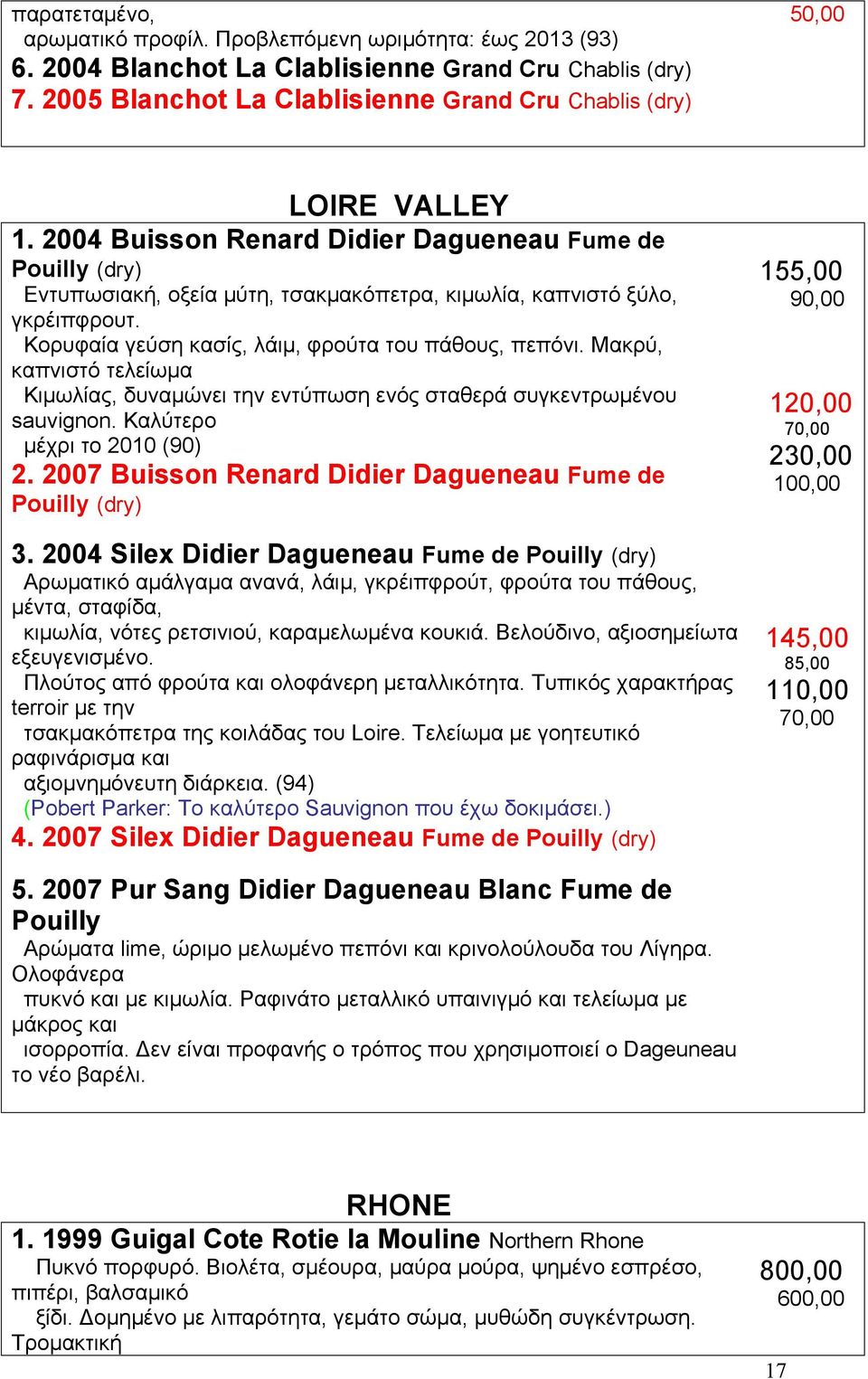 2004 Buisson Renard Didier Dagueneau Fume de Pouilly (dry) Εντυπωσιακή, οξεία µύτη, τσακµακόπετρα, κιµωλία, καπνιστό ξύλο, γκρέιπφρουτ. Κορυφαία γεύση κασίς, λάιµ, φρούτα του πάθους, πεπόνι.