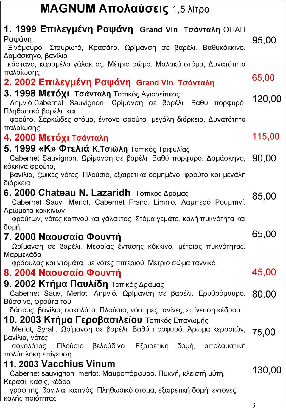 Πληθωρικό βαρέλι, και φρούτο. Σαρκώδες στόµα, έντονο φρούτο, µεγάλη διάρκεια. Δυνατότητα παλαίωσης 4. 2000 Μετόχι Τσάνταλη 5. 1999 «Κ» Φτελιά Κ.Τσιώλη Τοπικός Τριφυλίας Cabernet Sauvignon.