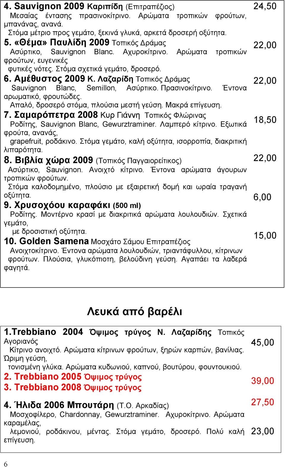 Λαζαρίδη Τοπικός Δράµας Sauvignon Blanc, Semillon, Ασύρτικο. Πρασινοκίτρινο. Έντονα αρωµατικό, φρουτώδες. Απαλό, δροσερό στόµα, πλούσια µεστή γεύση. Μακρά επίγευση. 7.