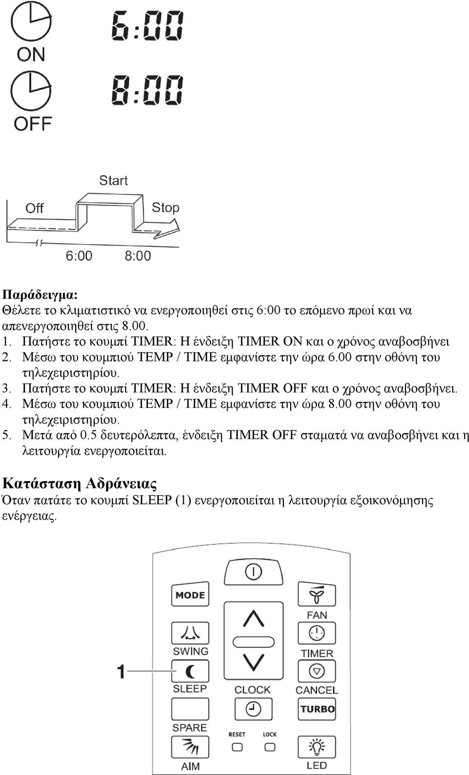 Πατήστε το κουμπί TIMER: Η ένδειξη TIMER OFF και ο χρόνος αναβοσβήνει. 4. Μέσω του κουμπιού TEMP / TIME εμφανίστε την ώρα 8.00 στην οθόνη του τηλεχειριστηρίου.