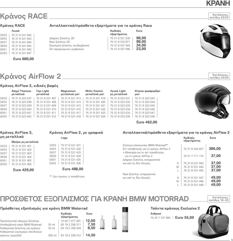 8 537 944 34,00 Σετ αφαιρούμενων μεμβρανών 76 31 8 537 946 23,00 Κράνος AirFlow 2 σελίδες 24/25 Κράνος AirFlow 2, ειδικές βαφές Ασημί Titanium Γκρι Light Magnesium Μπλε Cosmic Λευκό Light Κίτρινο