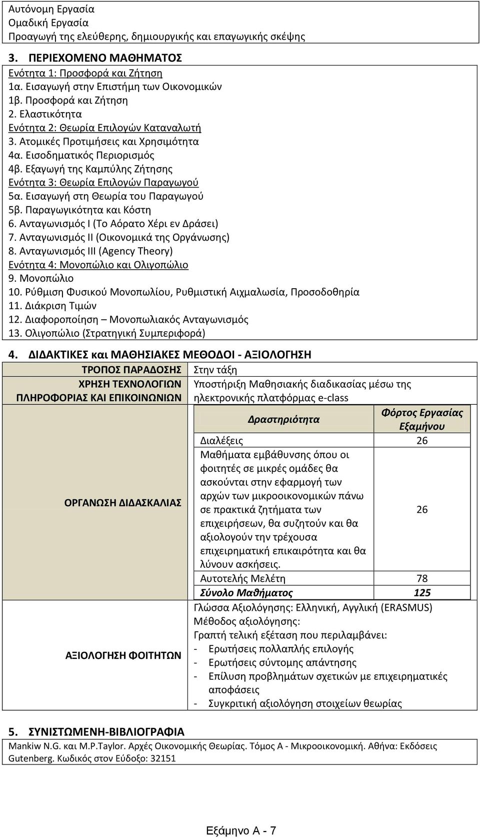 Εξαγωγή της Καμπύλης Ζήτησης Ενότητα 3: Θεωρία Επιλογών Παραγωγού 5α. Εισαγωγή στη Θεωρία του Παραγωγού 5β. Παραγωγικότητα και Κόστη 6. Ανταγωνισμός Ι (Το Αόρατο Χέρι εν Δράσει) 7.