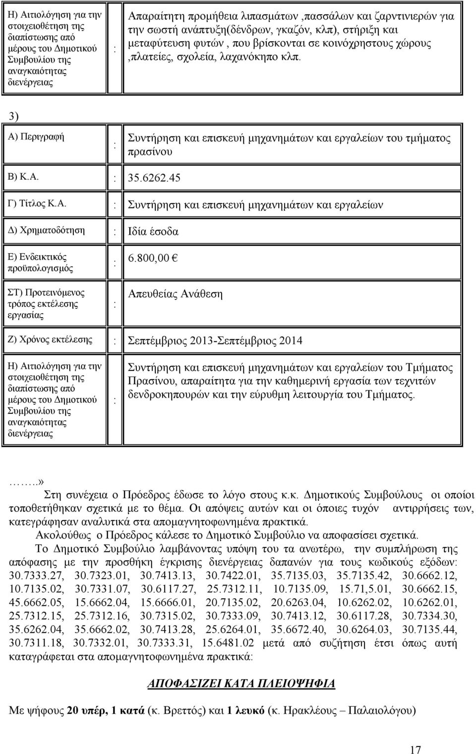 45 Συντήρηση και επισκευή μηχανημάτων και εργαλείων Δ) Χρηματοδότηση Ιδία έσοδα 6.