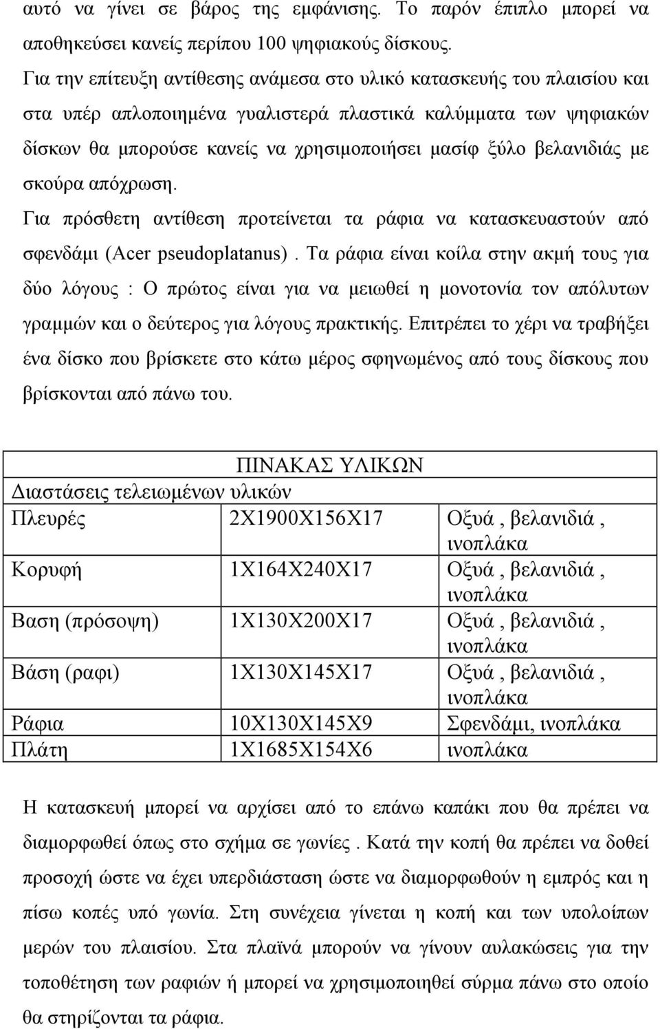 βελανιδιάς με σκούρα απόχρωση. Για πρόσθετη αντίθεση προτείνεται τα ράφια να κατασκευαστούν από σφενδάμι (Acer pseudoplatanus).