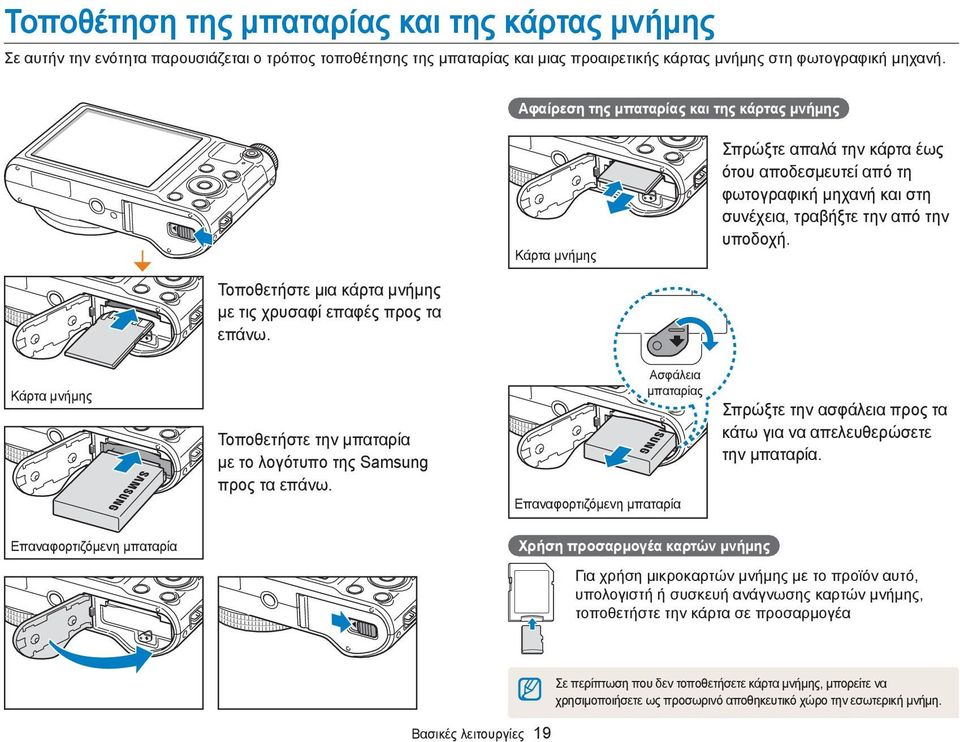 Τοποθετήστε μια κάρτα μνήμης με τις χρυσαφί επαφές προς τα επάνω. Κάρτα μνήμης Τοποθετήστε την μπαταρία με το λογότυπο της Samsung προς τα επάνω.