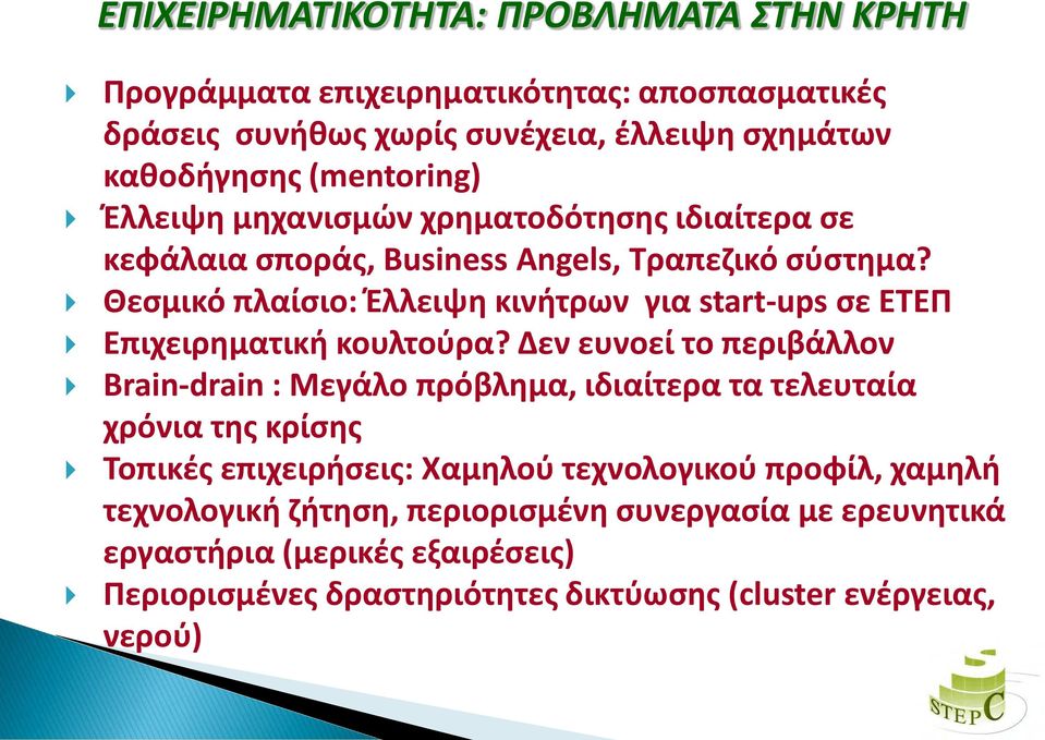 Θεσμικό πλαίσιο: Έλλειψη κινήτρων για start-ups σε ΕΤΕΠ Επιχειρηματική κουλτούρα?