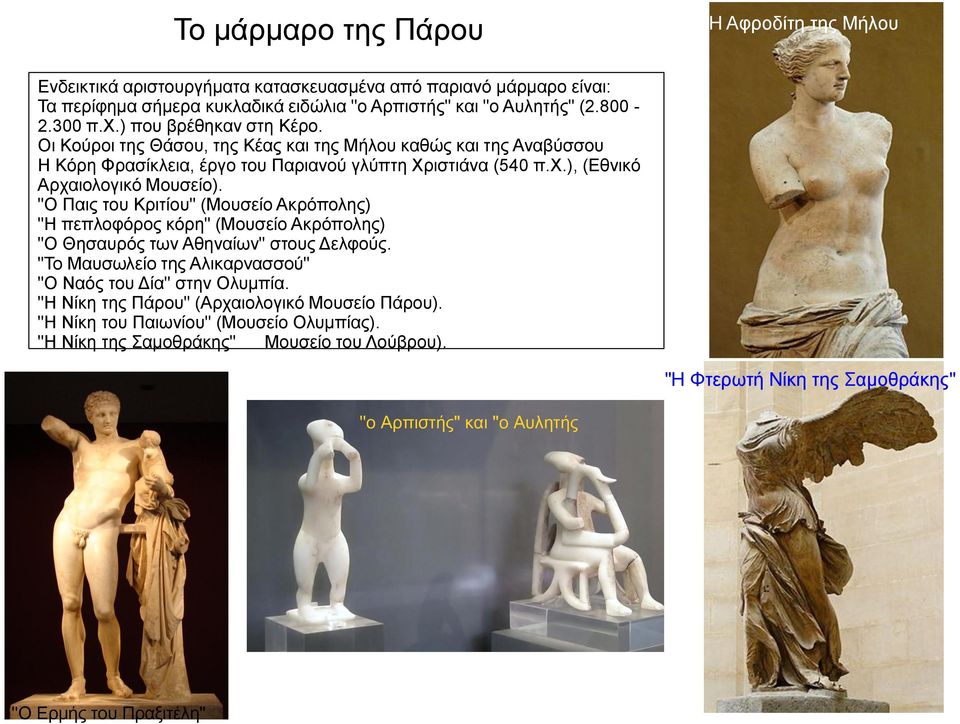 "Ο Παις του Κριτίου" (Μουσείο Ακρόπολης) "Η πεπλοφόρος κόρη" (Μουσείο Ακρόπολης) "Ο Θησαυρός των Αθηναίων" στους Δελφούς. "Το Μαυσωλείο της Αλικαρνασσού" "Ο Ναός του Δία" στην Ολυμπία.