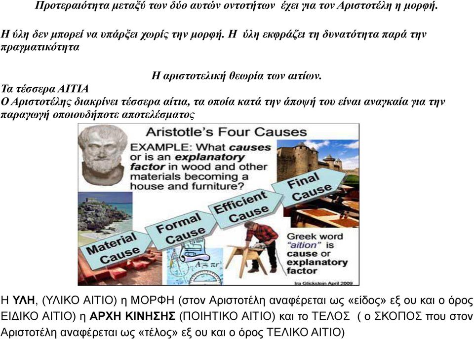 Τα τέσσερα ΑΙΤΙΑ Ο Αριστοτέλης διακρίνει τέσσερα αίτια, τα οποία κατά την άποψή του είναι αναγκαία για την παραγωγή οποιουδήποτε αποτελέσματος Η