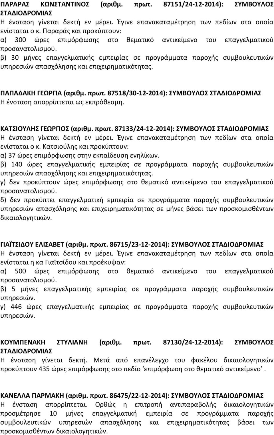 87518/30-12-2014): ΣΥΜΒΟΥΛΟΣ Η ένσταση απορρίπτεται ως εκπρόθεσμη. ΚΑΤΣΙΟΥΛΗΣ ΓΕΩΡΓΙΟΣ (αριθμ. πρωτ. 87133/24-12-2014): ΣΥΜΒΟΥΛΟΣ ενίσταται ο κ.