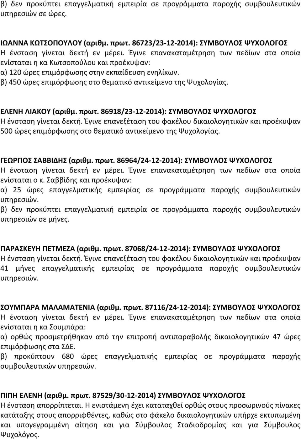 ΕΛΕΝΗ ΛΙΑΚΟΥ (αριθμ. πρωτ. 86918/23-12-2014): ΣΥΜΒΟΥΛΟΣ ΨΥΧΟΛΟΓΟΣ Η ένσταση γίνεται δεκτή.