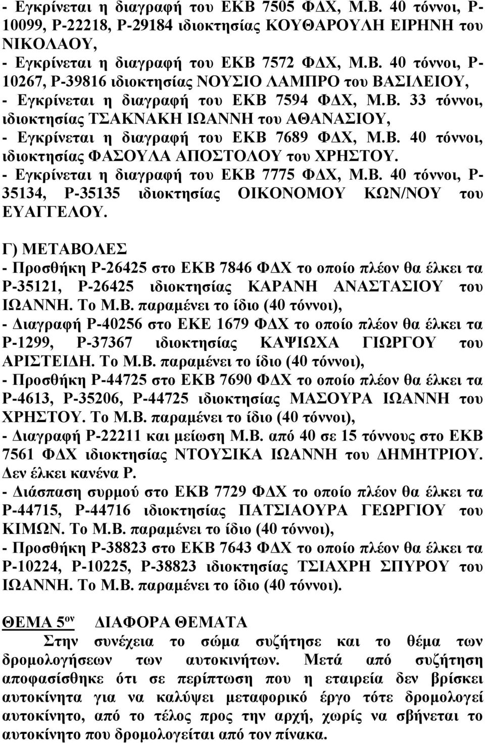 - Εγκρίνεται η διαγραφή του ΕΚΒ 7775 ΦΔΧ, Μ.Β. 40 τόννοι, Ρ- 35134, Ρ-35135 ιδιοκτησίας ΟΙΚΟΝΟΜΟΥ ΚΩΝ/ΝΟΥ του ΕΥΑΓΓΕΛΟΥ.