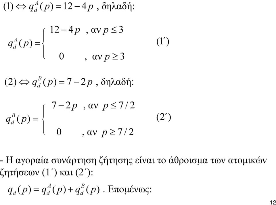 p 7/2 (2 ) - Η αγοραία συνάρτηση ζήτησης είναι το άθροισμα των