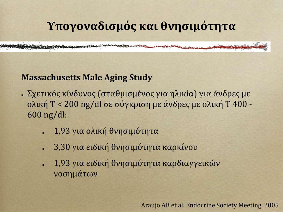 ολικό T 400-600 ng/dl: 1,93 για ολικό θνηςιμότητα 3,30 για ειδικό θνηςιμότητα καρκύνου