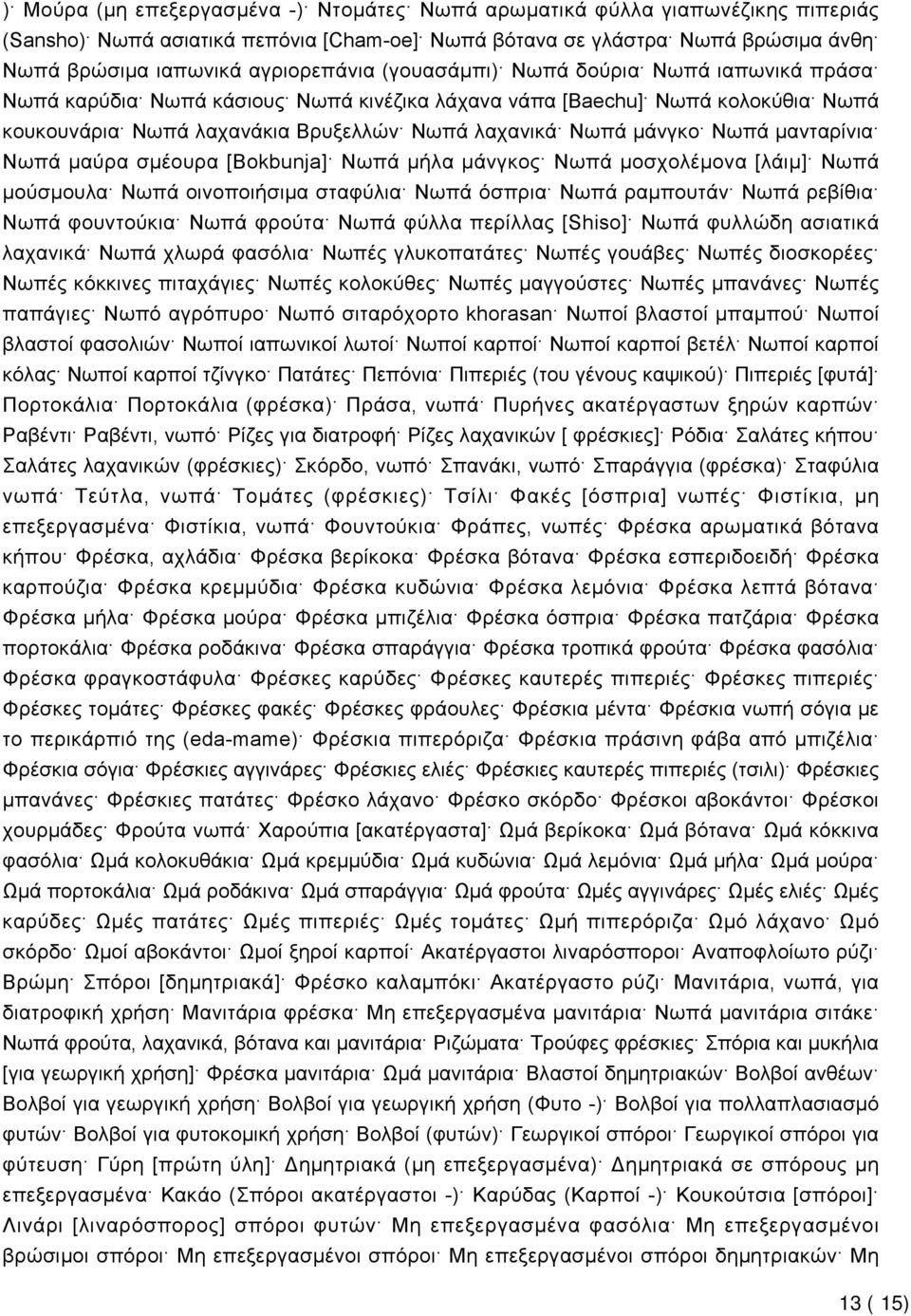 μανταρίνια Νωπά μαύρα σμέουρα [Bokbunja] Νωπά μήλα μάνγκος Νωπά μοσχολέμονα [λάιμ] Νωπά μούσμουλα Νωπά οινοποιήσιμα σταφύλια Νωπά όσπρια Νωπά ραμπουτάν Νωπά ρεβίθια Νωπά φουντούκια Νωπά φρούτα Νωπά