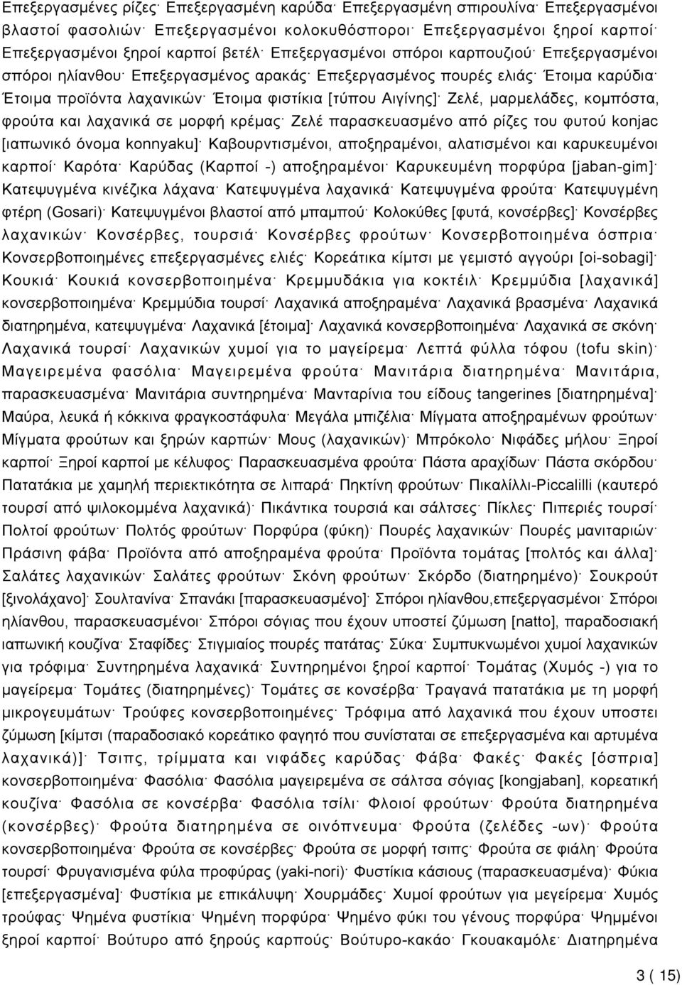 μαρμελάδες, κομπόστα, φρούτα και λαχανικά σε μορφή κρέμας Ζελέ παρασκευασμένο από ρίζες του φυτού konjac [ιαπωνικό όνομα konnyaku] Καβουρντισμένοι, αποξηραμένοι, αλατισμένοι και καρυκευμένοι καρποί