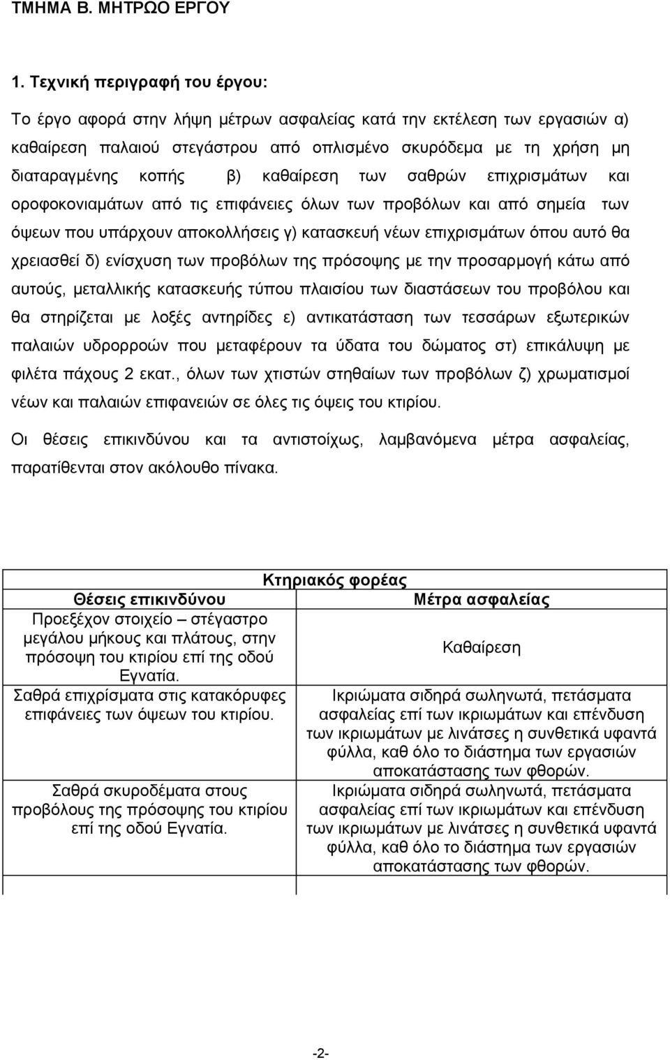 καθαίρεση των σαθρών επιχρισμάτων και οροφοκονιαμάτων από τις επιφάνειες όλων των προβόλων και από σημεία των όψεων που υπάρχουν αποκολλήσεις γ) κατασκευή νέων επιχρισμάτων όπου αυτό θα χρειασθεί δ)