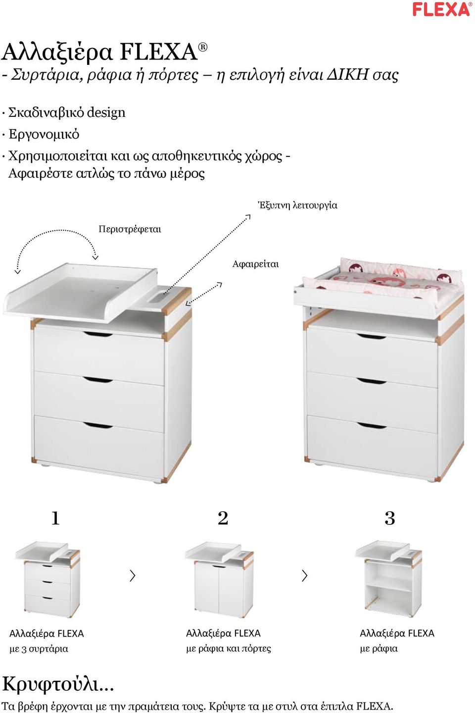 λειτουργία Αφαιρείται 1 2 3 Αλλαξιέρα FLEXA με 3 συρτάρια Αλλαξιέρα FLEXA με ράφια και πόρτες