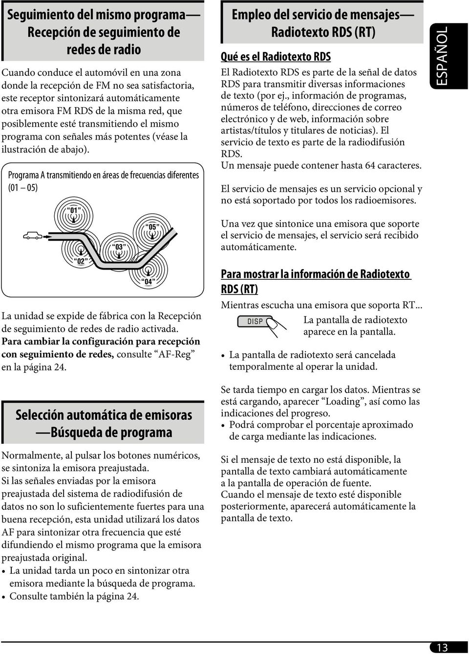 Programa A transmitiendo en áreas de frecuencias diferentes (01 05) Empleo del servicio de mensajes Radiotexto RDS (RT) Qué es el Radiotexto RDS El Radiotexto RDS es parte de la señal de datos RDS