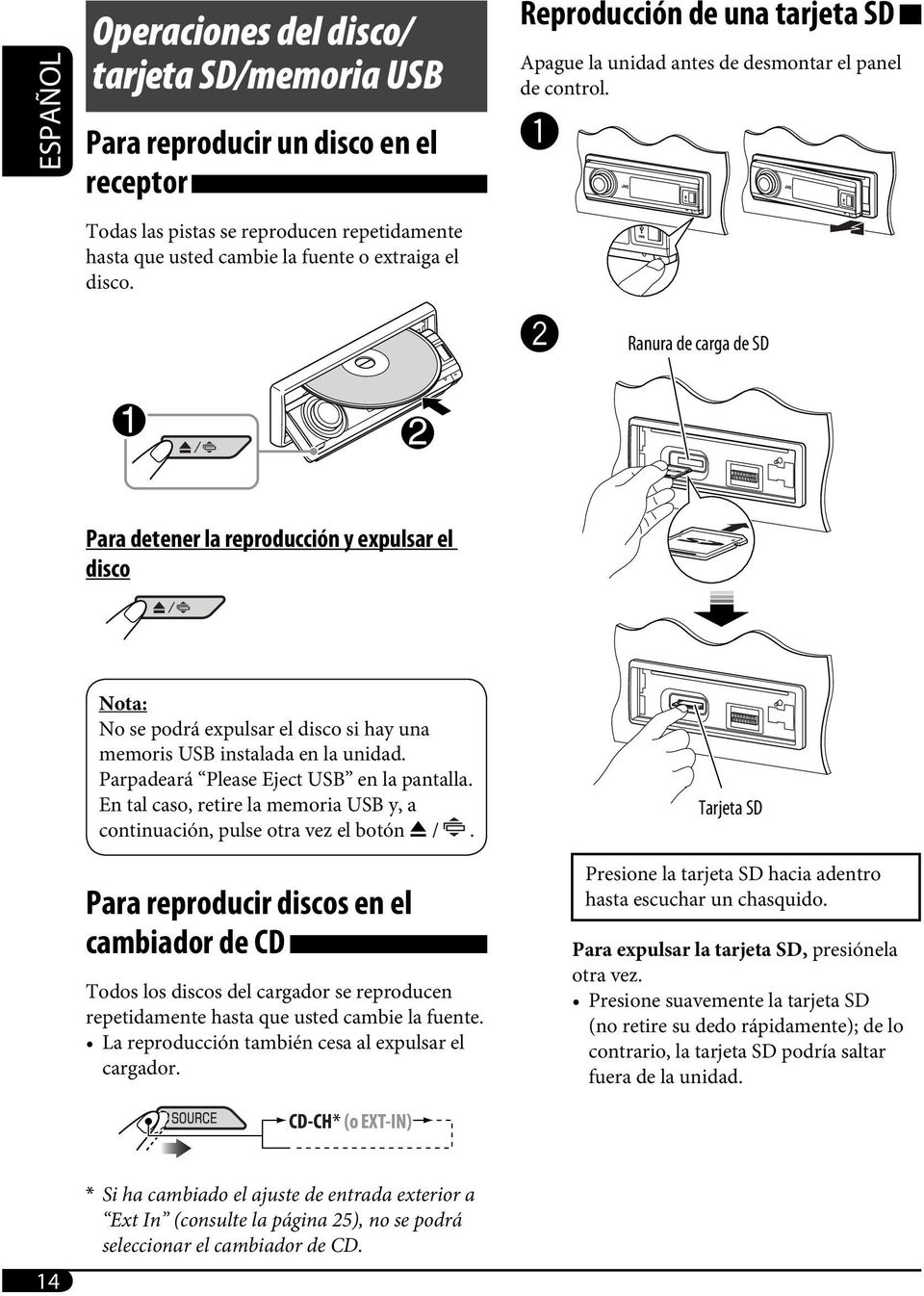 ~ Ÿ Ranura de carga de SD Para detener la reproducción y expulsar el disco Nota: No se podrá expulsar el disco si hay una memoris USB instalada en la unidad.