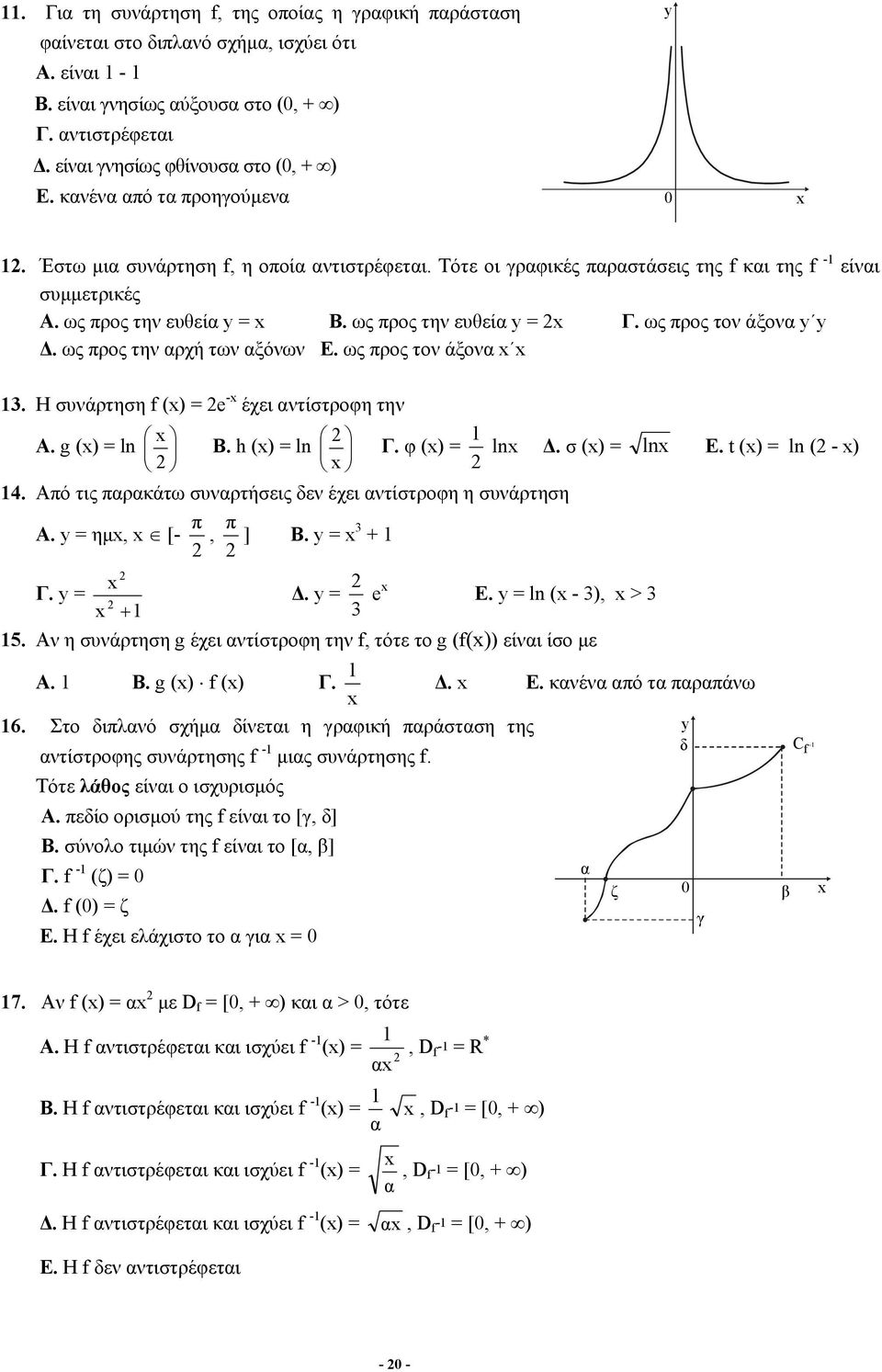 ως προς τον άξον 3. Η συνάρτηση f () = e - έχει ντίστροφη την Α. g () = ln B. h () = ln Γ. φ () = ln Δ. σ () = ln E. t () = ln ( - ) 4. Από τις πρκάτω συνρτήσεις δεν έχει ντίστροφη η συνάρτηση π π Α.