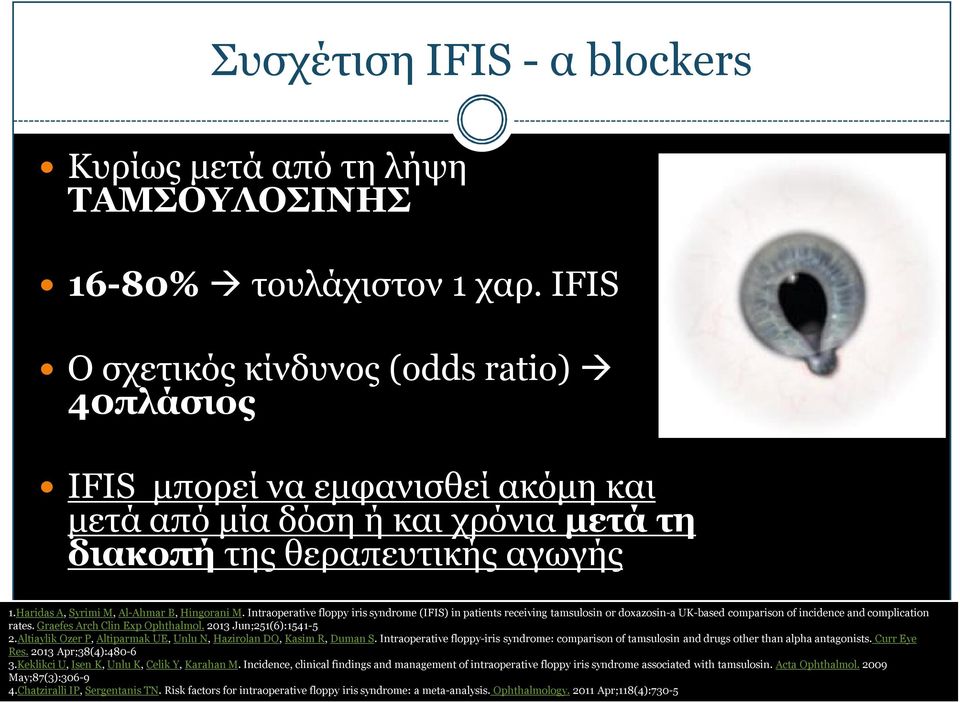 Haridas A, Syrimi M, Al-Ahmar B, Hingorani M. Intraoperative floppy iris syndrome (IFIS) in patients receiving tamsulosin or doxazosin-a UK-based comparison of incidence and complication rates.