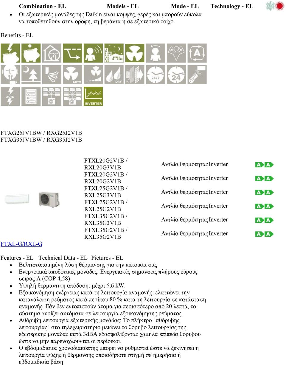 / RXL35G2V1B e F atures - EL Technical Data - EL Pictures - EL Βελτιστοποιημένη λύση θέρμανσης για την κατοικία σας Ενεργειακά αποδοτικές μονάδες: Ενεργειακές σημάνσεις πλήρους εύρους σειράς A (COP