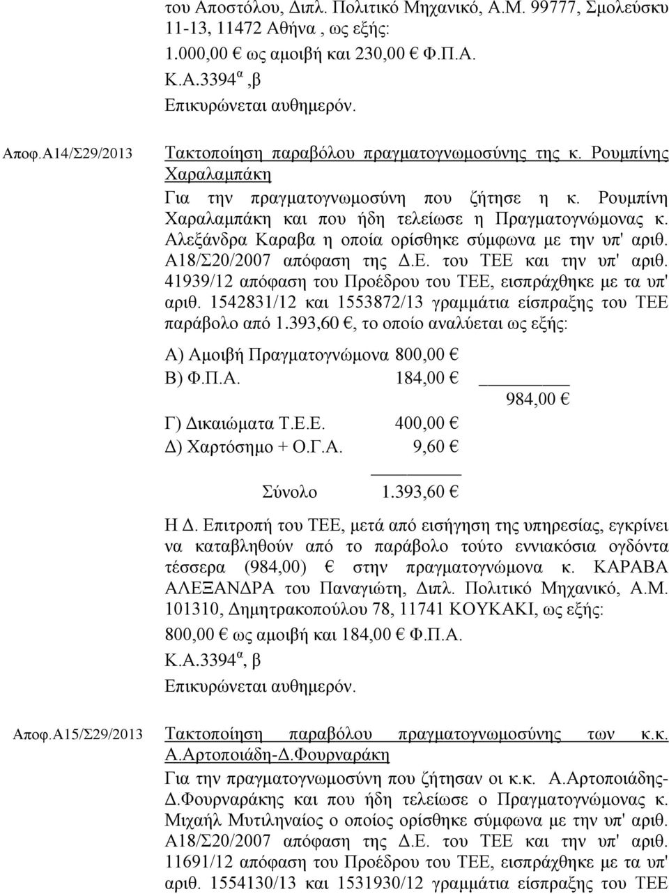 Αλεξάνδρα Καραβα η οποία ορίσθηκε σύμφωνα με την υπ' αριθ. Α18/Σ20/2007 απόφαση της Δ.Ε. του ΤΕΕ και την υπ' αριθ. 41939/12 απόφαση του Προέδρου του ΤΕΕ, εισπράχθηκε με τα υπ' αριθ.